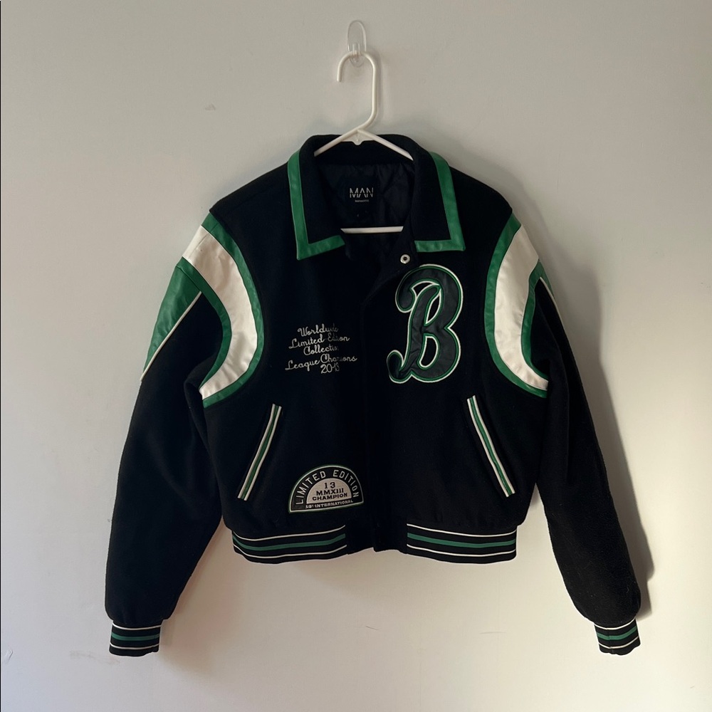 Man boohoo, Black and Green Letterman Jacket, size XS